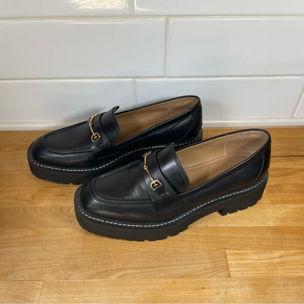 Sam Edelman Black Leather Lug Sole Loafers with Gold Accent